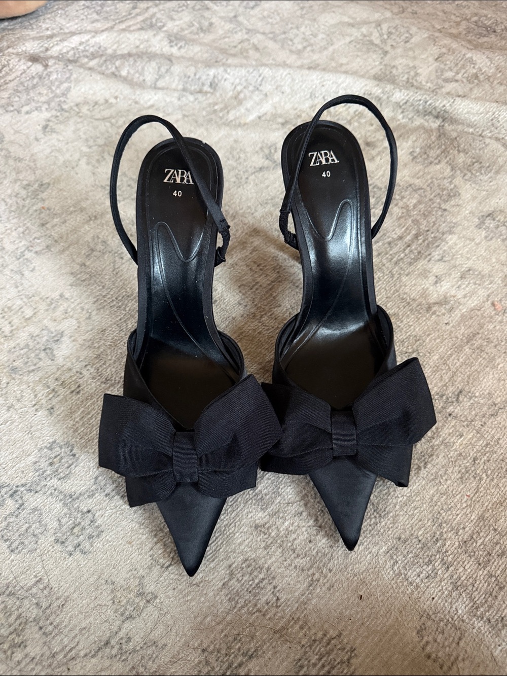 Zara Black Pointed Toe Slingback Heels with Bow